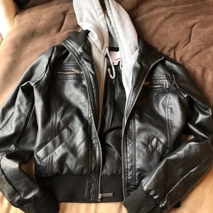 Leather Jacket with Attached Gray Hoodie